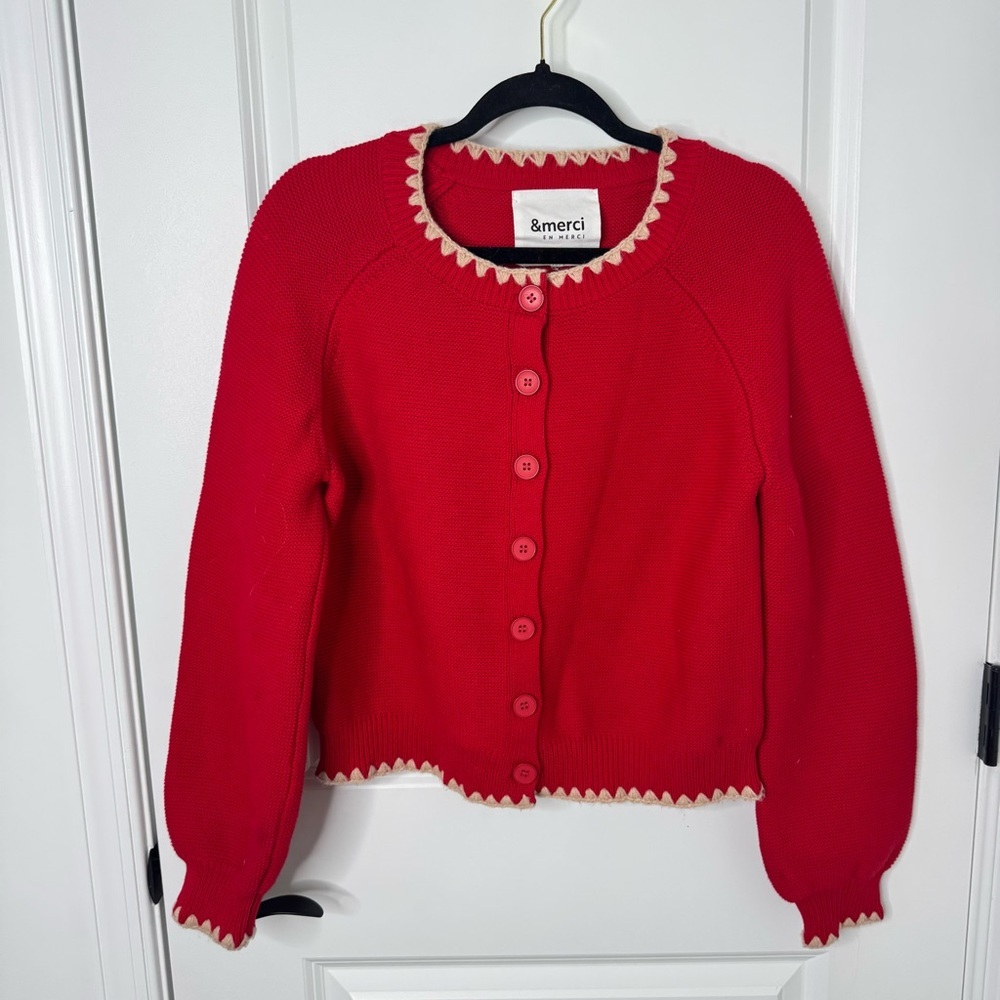 &merci Red Scalloped-Trim Button Cardigan small